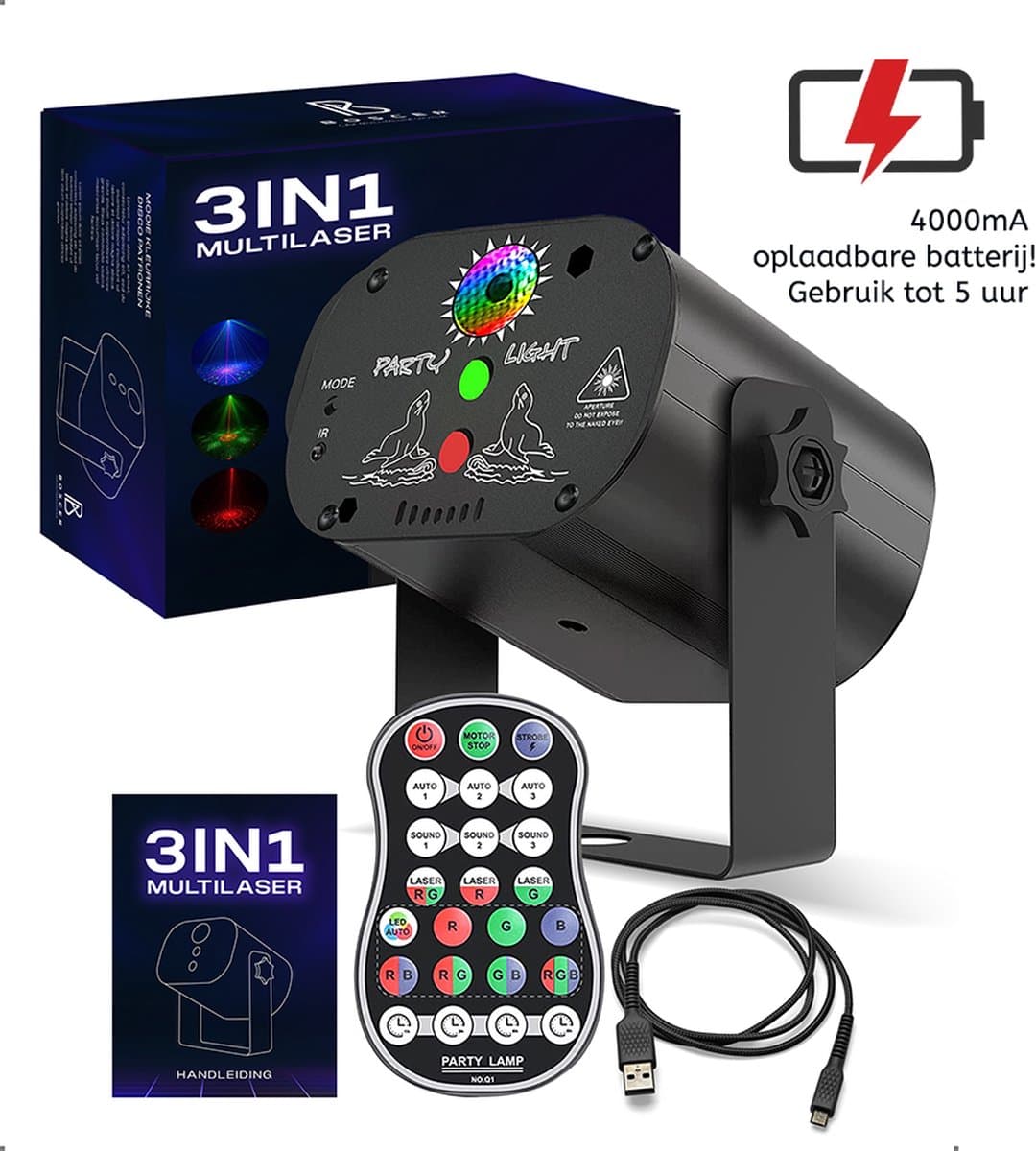 Boscer Disco Laser | 3 in 1 Multilaser | 4000mA Oplaadbare Accu | Stroboscoop & Parscoop effect | LED Disco | Party discolaser | Geluid gestuurd | Discolamp | Lichteffect — afbeelding 1
