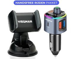 Wegman Bluetooth FM Transmitter + Telefoonhouder Auto met Zuignap voor Dashboard en Raam - Handsfree Bellen Auto Carkit - 30W USB-C Autolader - Auto Accessories - Compleet Pakket