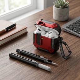 Rood robuust hoesje voor oordopjes met carbon look geschikt voor AirPods 4 inclusief schoonmaakset en karabijnhaak – schokbestendig en duurzaam — thumbnail 2