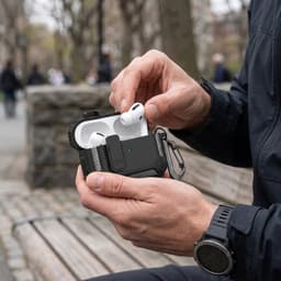 Zwart robuust hoesje voor oordopjes met carbon look geschikt voor AirPods Pro 2 inclusief schoonmaakset en karabijnhaak – schokbestendig en duurzaam — thumbnail 5