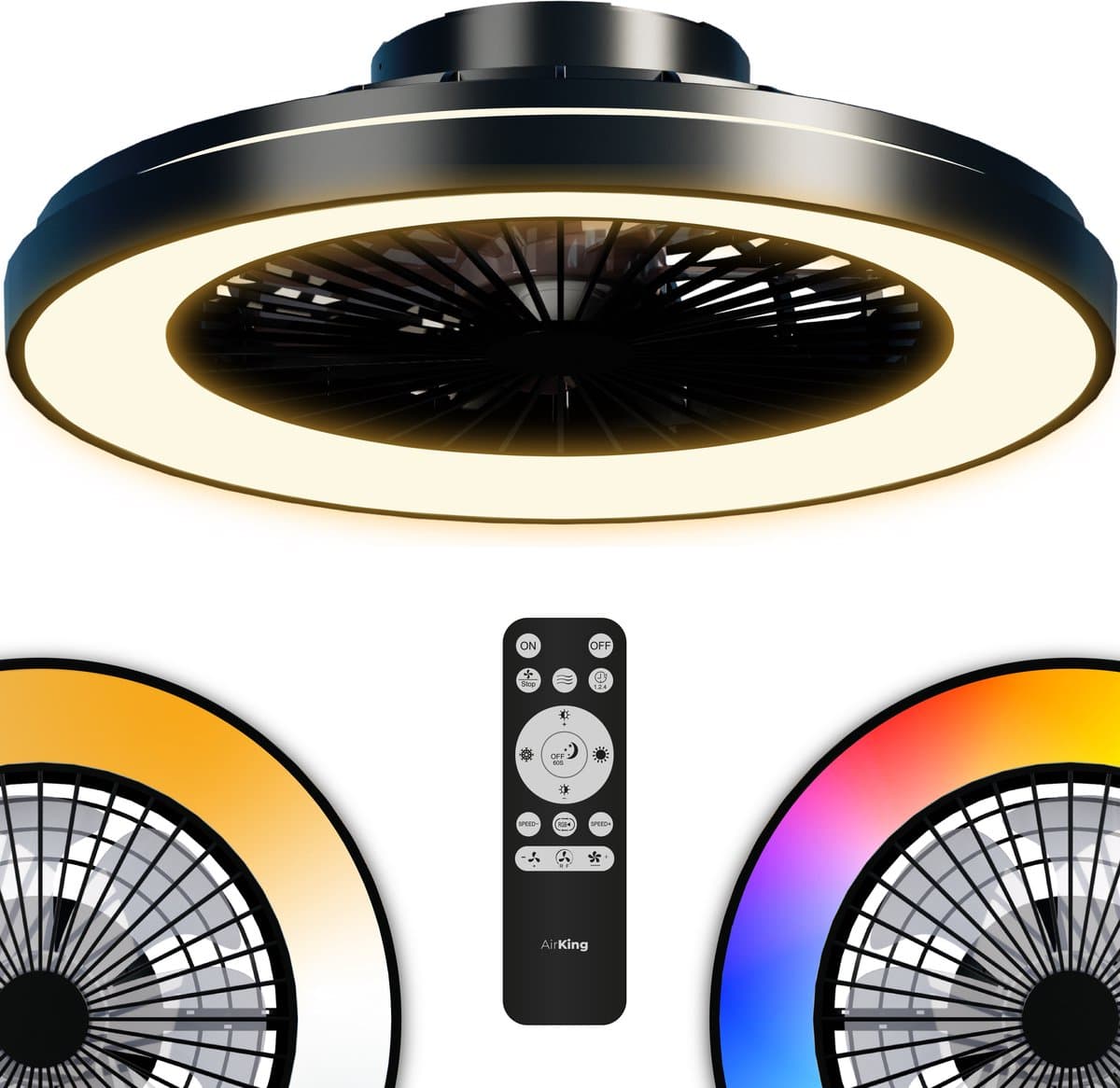 Airking Plafondventilator - Stille Ventilator met Lamp en Afstandsbediening 48,5cm - LED 40W Dimbaar - 3000K-6500K - Zomer en Winterstand Zwart — afbeelding 1