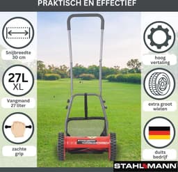Kooimaaier met 30 cm maaibreedte en 27 liter opvangmand - Handmatige grasmaaier met 4-traps maaihoogte-instelling, stil en milieuvriendelijk — thumbnail 2