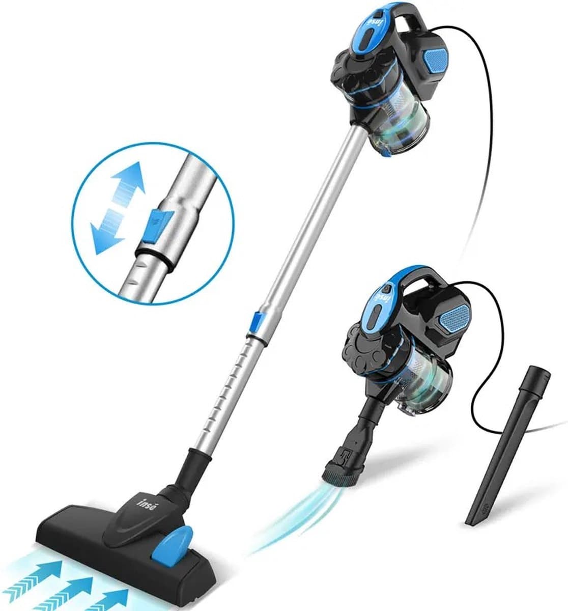 Inse - Steelstofzuiger met draad - 3 in 1 Stofzuiger zonder zak - Handstofzuiger met snoer en steel - 3 verschillende opzetstukken - 600W - Blauw - 18Kpa — afbeelding 1