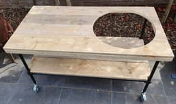 Buitenkeuken | 140x70cm | Gat 58cm | Wielen | Zwart Staal en Hout | BBQ Tafel | Kamado Tafel | Barbecue | Big Green Egg | Bastard | Grill Guru | Kamado Joe | Ombouw | Onderstel | Geschikt voor vele modellen — thumbnail 3