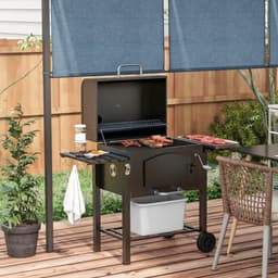 Premie 3-in-1 Houtskool Barbecue - Smoker Barbecue met Rookfunctie - Houtskoolgrill - met Verstelbaar Houtskoolcompartiment, Deksel, Handgrepen, Thermometer, Wielen - BBQ voor Kamperen, Buiten, Tuin - 124 x 66 x 112 cm - Zwart — thumbnail 4