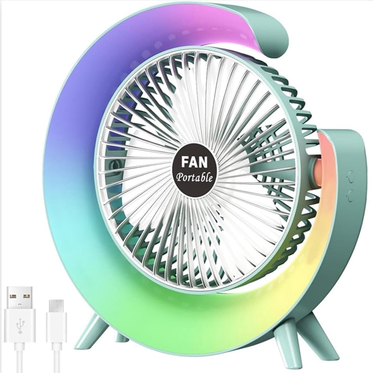 Nieuwe USB-bureauventilator met 3 standen en kleurrijke LED-verlichting – Draagbare tafelventilator – Stille desktopventilator – 181° draaibaar – Voor thuis, kantoor, slaapkamer en studentenkamer (Groen) — afbeelding 1