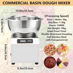 Deegmenger Spiraal - Deegkneder Elektrisch - Brood Gebak Pizza - Dubbele Rotatie - 5kg Capaciteit - Zilver — thumbnail 3