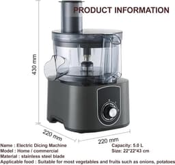 Elektrische Groentesnijder - Keukenmachine Hakmachine - Groenten Verwerken - 600W Motor 5L Inhoud - 220x220x430 mm - Zilver — thumbnail 5