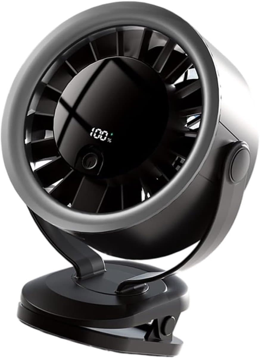 KZQ Universele Hogesnelheids Clipventilator Met Digitaal Display - 100 Windsnelheden 15cm Clip Herlaadbare Turbine Ventilator - Type C Geschikt Voor Boekenplank Thuis Reis En Buiten - Grijs — afbeelding 1