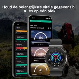 mymonX Smartwatch Heren & Dames - Geschikt voor alle Smartphones - Stappenteller - Gezondheidsrapport - ECG - Bloeddrukmeter - Hartslagmeter - Slaap - Temperatuur - Zwart - 43mm — thumbnail 3