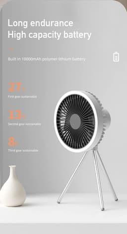 Ventilator met statief - Camping Ventilator - Ventilator - met LED Verlichting - 3 Snelheden - tot 27 uur - Ingebouwde Opklapbare Haak - Wit — thumbnail 5