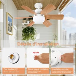 Plafondventilator met geïntegreerde verlichting, afstandsbediening, 51 cm, slaapkamerkroonluchter, houtnerfafwerking, drie snelheden, traploze helderheids- en kleurtemperatuurregeling voor slaapkamers, balkons, gangen en woonkamers [Energieklasse A] — thumbnail 2