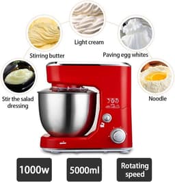 Keukenmachine - Mixer Deegmaker - Bakken Thuis - Krachtige Koper Motor - 5 Liter Kom - Rood — thumbnail 3