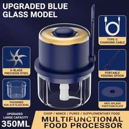 Elektrische Mini Chopper - Keukenmachine Knoflook - Snel Ingrediënten Hakken - Draadloos Gemak - 350 ml Capaciteit - Blauw — thumbnail 5