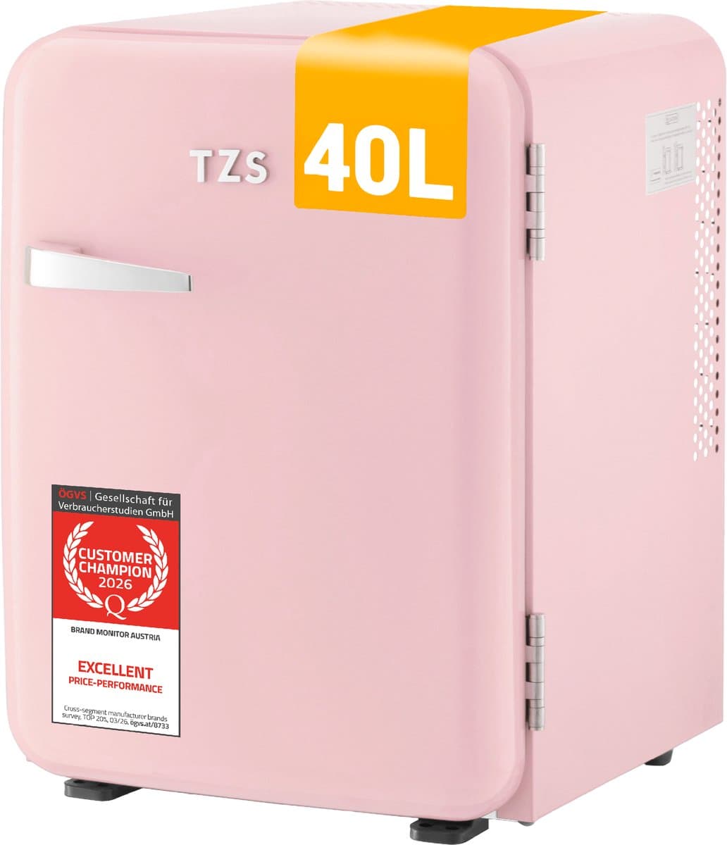 TZS First Austria Mini koelkast - Minibar - 40 liter - Vrijstaand - Volledig stil 22dB - Retro - Roze — afbeelding 1