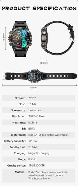 Knobbout Smartwatch 1.46" Scherm (3,7 cm) met Krachtige Zaklamp & UV Licht – 3ATM Waterdicht | Bluetooth Bellen | 515mAh Lange Batterij | Sport & Gezondheid Tracker | Full Metal Design - Zilver — thumbnail 2