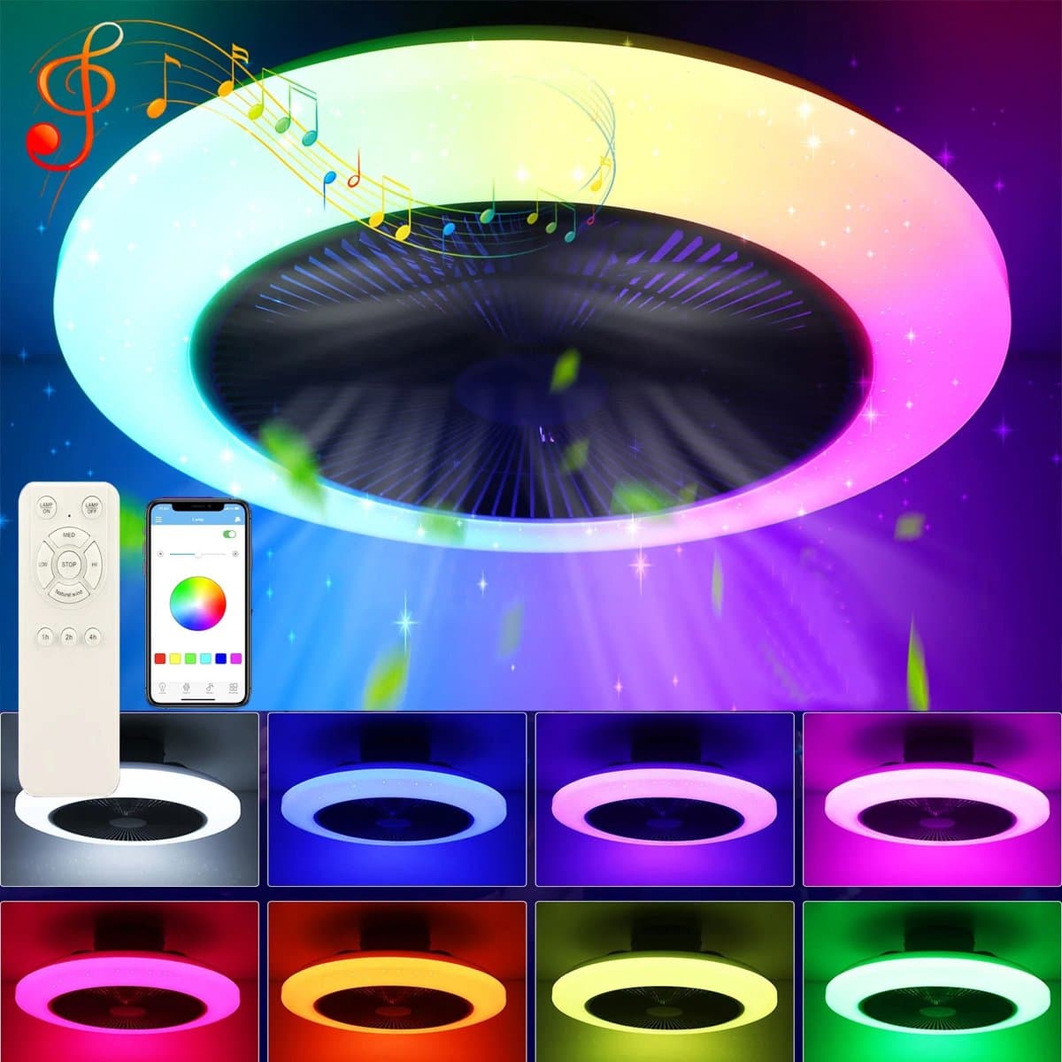 DIMICO - Ventilator - Plafondventilator + Verlichting 50W – RGB LED Plafondlamp met Bluetooth Speaker, Afstandsbediening – Ø50 cm — afbeelding 1