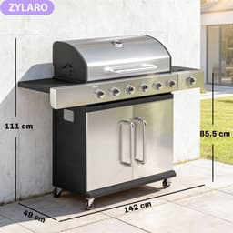 Gasbarbecue - Gasbarbecue en grill - 6+1 Branders - 18,6 kW - Grillwagen - Barbecuewagen - met Grillrooster, Wielen, Bijzettafels, Slangen, Thermometer en Warmhoudplaten - 142 x 49 x 111 cm - Zwart + Zilver — thumbnail 2