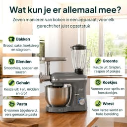 Vivid Green 2000W Keukenrobot - 6.2L - Alles-in-een Keukenmixer - Mixer met Mengkom - Keukenmachine - Gehaktmolen en Blender- Pastamachine – Grijs — thumbnail 3