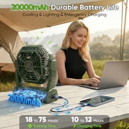 Campingventilator met 20000 mAh accu, tafelventilator, USB ventilator, LED-licht, 4 snelheden, timer en afstandsbediening — thumbnail 3