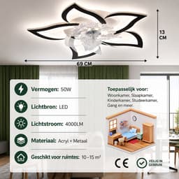 Plafondventilator met LED Verlichting – 50W – Dimbaar (3000K-6000K) – Met Afstandsbediening & App – 6 Snelheden – Zwart — thumbnail 5