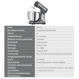 Novari Keukenmixer - Keukenmachine - Keukenrobot - Deegkneder - 1200W motor - 6 snelheden - Stille werking - 6 liter kom - Grijs — thumbnail 4