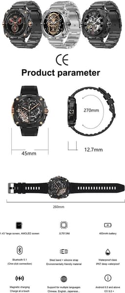 WizBay Premium Select® 1.43inch AMOLED Screen Smartwatch Dames Heren - Android en iOS - Bluetooth Call - 02 Zuurstof - Bloedruk - Dynamic Hartslag & Slaap Monitor - Message - Magnetic Laden - Smartwatches - Zwart met rvs Zwarte Band Rose Knoppen — thumbnail 2