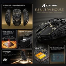ATTACK SHARK R5 Ultra - Draadloze Gaming Muis - PAW3950 MAX - Koolstof Element - Ultralichte(39g) - Wired/2.4G/BT - 42000DPI - 8Khz - Koolstof Zwart — thumbnail 2