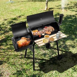 COSTWAY Houtskoolgrill met deksel, grillwagen met wielen, zijvuurbox, zijtafel, plank, houten handgrepen, thermometer, houtskoolgrill voor camping, terras, tuin — thumbnail 3