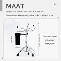Snare Drumstandaard met houder voor drumsticks, dubbel gestreken, in hoogte verstelbaar van 44 tot 64 cm, drumpad-standaard voor 10-15 inch snare-drum en oefenpad (V-JGJ002) — thumbnail 3