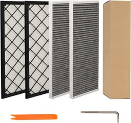 Set van 4 binnenfilters, compatibel met Tesla Model Y (2020-2026) en Juniper, bestaande uit 2 HEPA-filters en 2 actieve koolfilters, met 5-traps filtering en installatiegereedschap — thumbnail 1