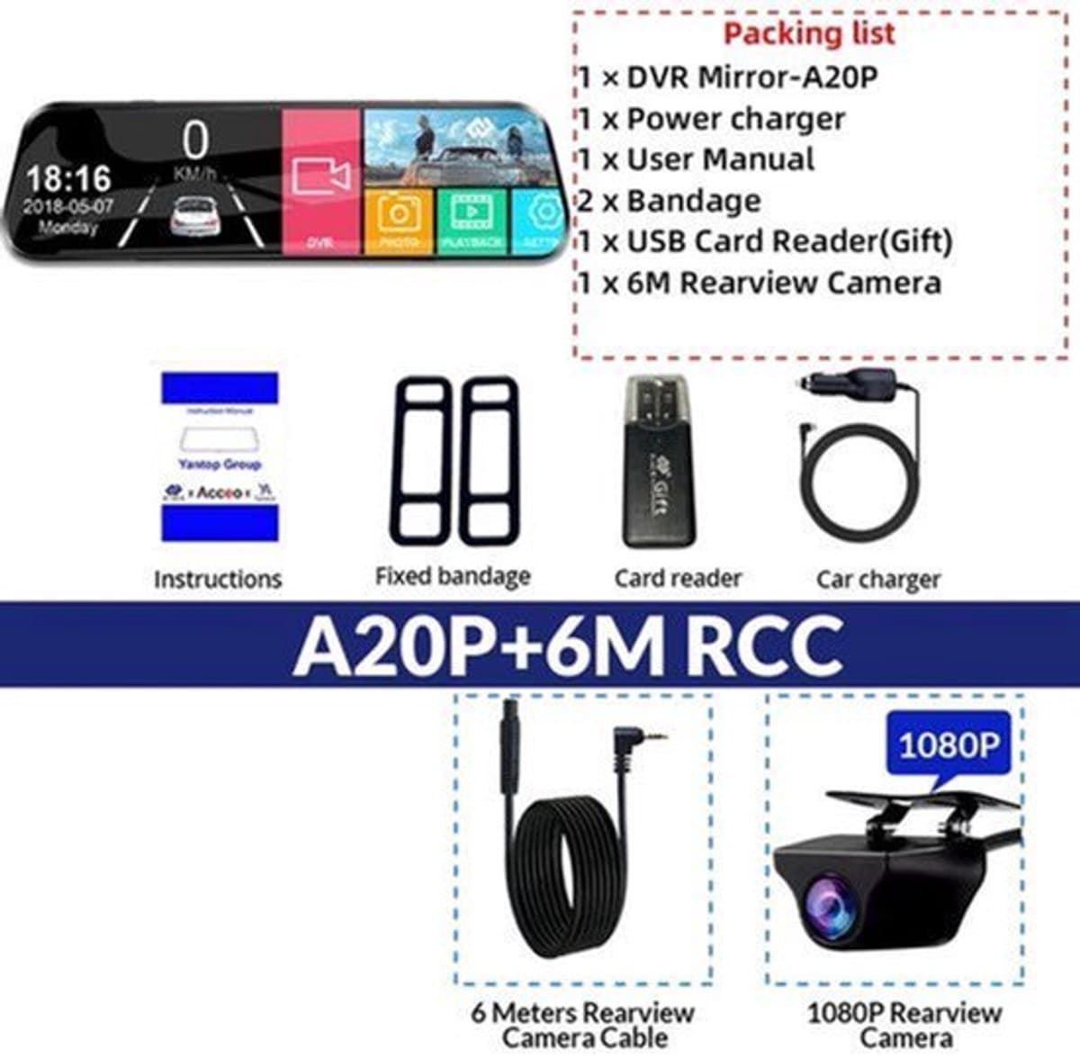 Dashcam voor Auto - 10 Inch Touchscreen Spiegelcamera - 1080P AHD Dashcam met Nachtzicht - G-Sensor - Parkeermodus - Groothoek 170° - Inclusief 6M RCC Achteruitrijcamera - Zwart — afbeelding 1
