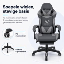 Boncy® Gaming Stoel - Comfortabele Gamestoel met Voetsteun - Game Chair Verstelbaar in Hoogte - 170° Verstelbare Rugleuning - Grijs / Zwart — thumbnail 4