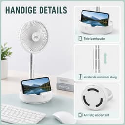 3-1 Ventilator Staand - Tafelventilator - Vloerventilator USB-C - 4 Standen - Draadloos en Geluidloos Fluisterstil - Fans - Staande Mini Ventilator - Kleine Statiefventilator - Aircooler - Mobiele Airco - 19,5 x 19,5 x 2,5 cm - Wit — thumbnail 3