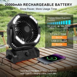20000 mAh USB-campingventilator met LED-verlichting, draagbare oplaadbare bureau-/tentventilator met afstandsbediening en haak, 270° draaibare kop voor vissen en als windscherm. — thumbnail 2
