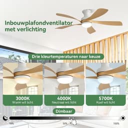 Plafondventilator Met Lamp - 5 ABS Bladen - Ø 132 cm - Dimbare lamp - Met Afstandsbediening - 6 ventilatorstanden - LED's Light - Wit, natuurlijke houtkleur — thumbnail 3