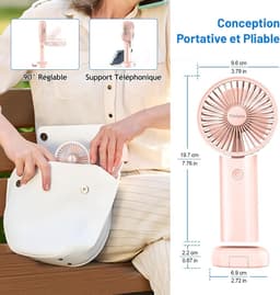 Draagbare ventilator, mini handventilator, kleine reisventilator, oplaadbare handventilator met 3 snelheden, persoonlijke ventilator voor buitengebruik, reizen, kantoor, kamperen (roze) — thumbnail 3