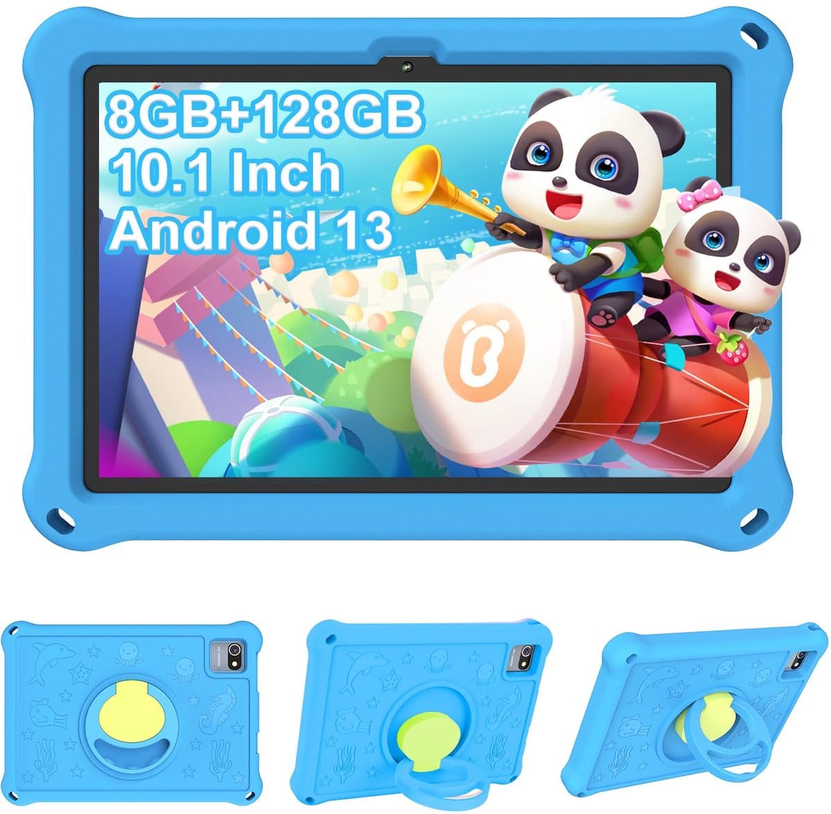 SnelShoppen - Kindertablet 10.1 inch Android 13 voor Kinderen, Schokbestendige Beschermhoes, 8 GB RAM, 128 GB ROM, 6000 mAh, Ouderlijk Toezicht, Dubbe — afbeelding 1