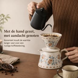 Gloovon® Keramische Koffieset - Handmatige Pour Over Dripper - Warmtebehoud - Vaatwasserbestendig - Pot 420ml met 20 Filters - Crème — thumbnail 3