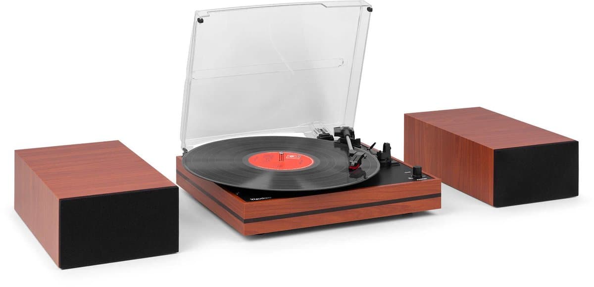 Platenspeler met speakers - Audizio Akron - LP speler - Bluetooth - AUX - 3 snelheden - Kersen houtlook — afbeelding 1