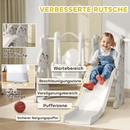 Rutsche 4-in-1 Kinderrutsche mit Schaukel, Klettergerüst, Basketballkorb, Kinder Spielplatz mit Hasendesign Kleinkinderrutsche für Indoor und Outdoor Kinder von 1,5-4 Jahren Grau — thumbnail 4