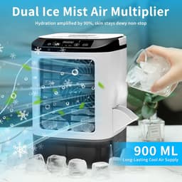 Draagbare airconditioner 2026 – Mini-luchtkoeler en luchtbevochtiger met 4 snelheden, ijsblokjesbakje, 900 ml tank, 2 nevelstanden en LED-verlichting – Mobiele ventilator voor kantoor en kamperen — thumbnail 2