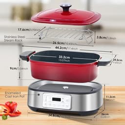 Multicooker - Rood - 5,5 Liter - Afneembare Emaille Pan met Keramische Antiaanbaklaag - Voor Langzaam Koken en Braden — thumbnail 3