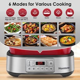 Multicooker - Rood - 5,5 Liter - Afneembare Emaille Pan met Keramische Antiaanbaklaag - Voor Langzaam Koken en Braden — thumbnail 2