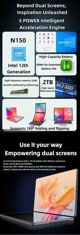 2-in-1 Laptop 14" Dual-Screen Intel N150 16GB RAM 1TB SSD Windows 11 Pro WiFi 6 Touchscreen — thumbnail 4