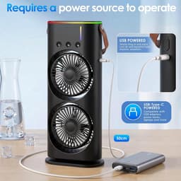 Draagbare mini-airco – 280 ml luchtkoeler, 4-in-1 draagbaar apparaat, 3 snelheden, 3 vernevelingsstanden, ledverlichting in 7 kleuren, USB-ventilator & luchtbevochtiger voor de slaapkamer - zwart — thumbnail 4