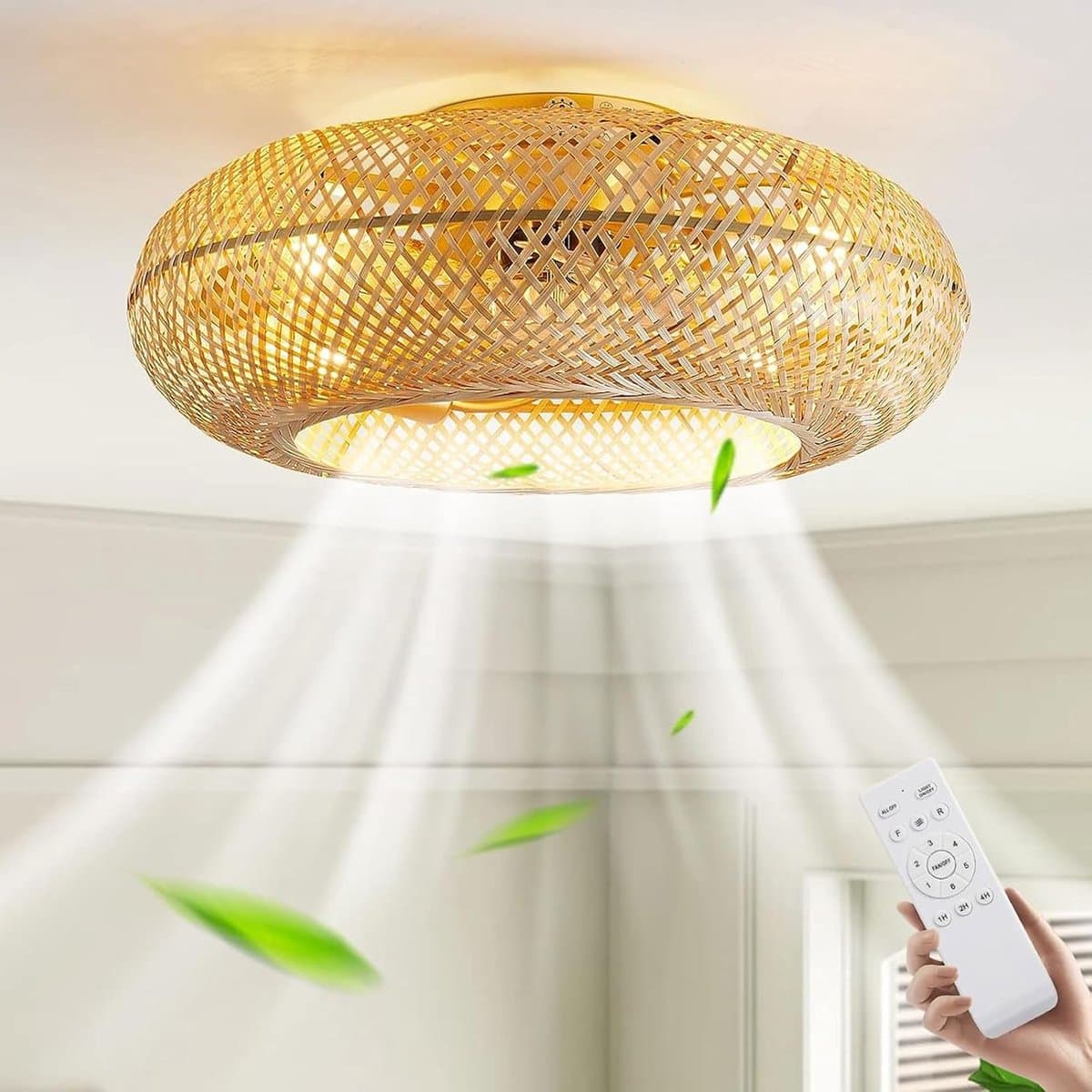 Plafondventilator met Verlichting – Stil – Bamboe – Afstandsbediening – 6 Snelheden – E27 – 51 cm — afbeelding 1