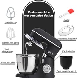 Keukenmachine - Standmixer - Bakken en Koken - Dubbele Mengkom - 1300 Watt - Zwart — thumbnail 5