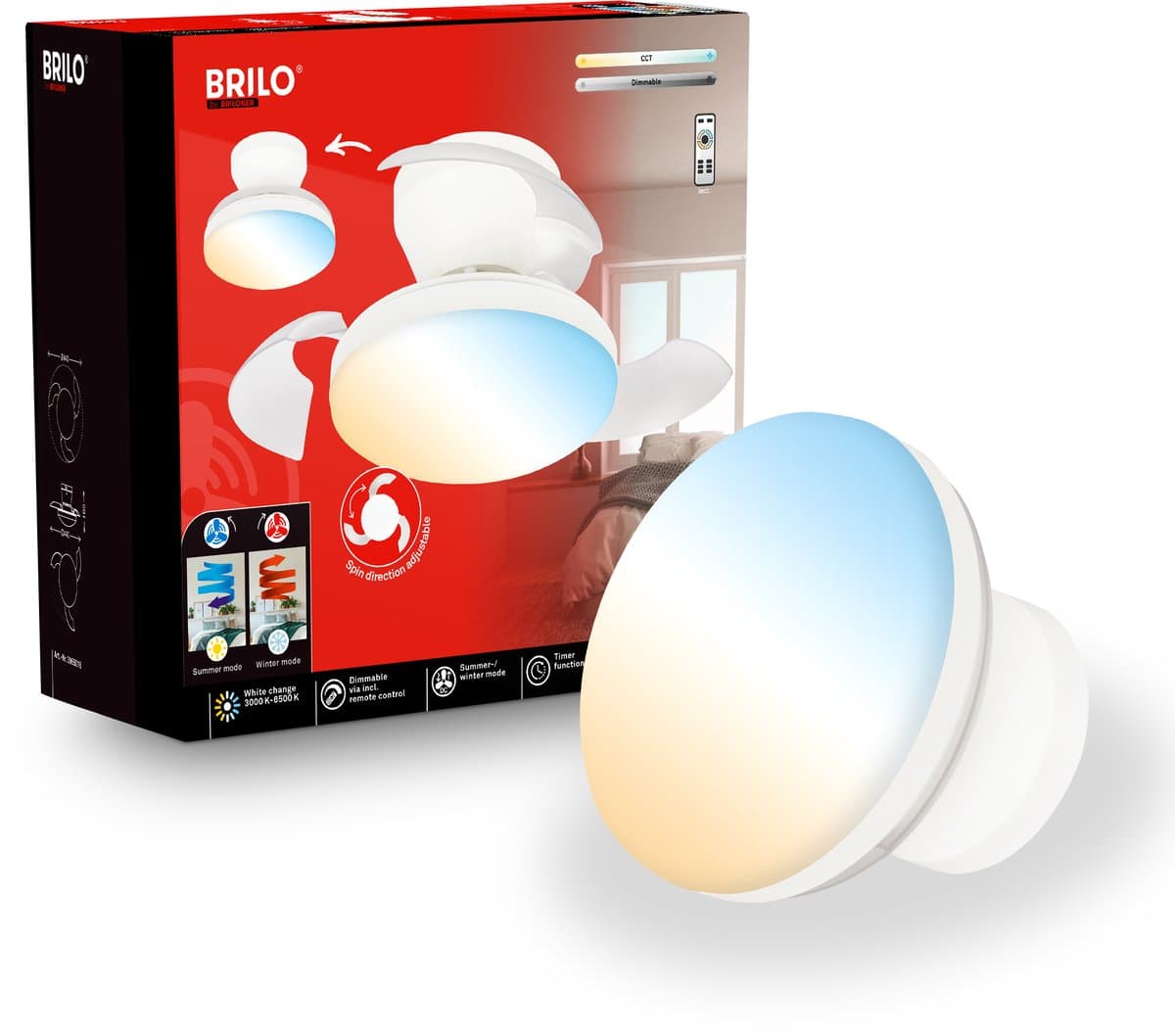 BRILONER Raven - Plafondventilator met verlichting - LED plafondlamp met ventilator - ventilator lamp zomer- en wintermodus - dimbaar - CCT - Ø44cm - wit — afbeelding 1
