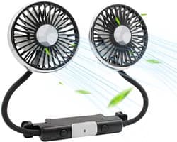 Elektrische autoventilator voor de achterbank - Draagbaar - Hoofdsteunmodel - 360° draaibaar - 12V - Dubbele ventilatorkoppen - USB-aansluiting